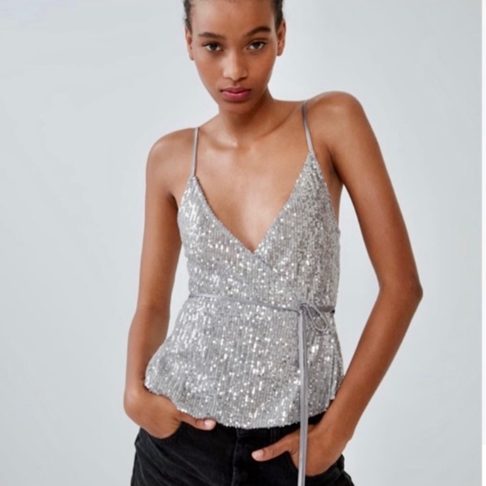 Zara Silver Sequin Wrap Cami Crop Top